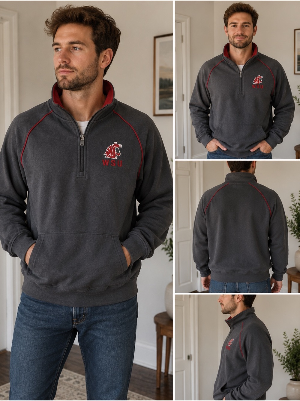 Colosseum WSU Washington State Cougars 1/4 Zip Pullover Gray Red Men's L
